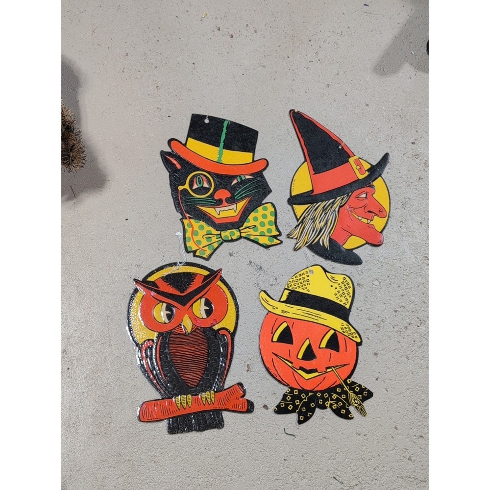 4 Vtg 1940s H E Luhrs Halloween Black Cat Witch Pumpkin Owl Diecut Made In USA - Picture 1 of 5